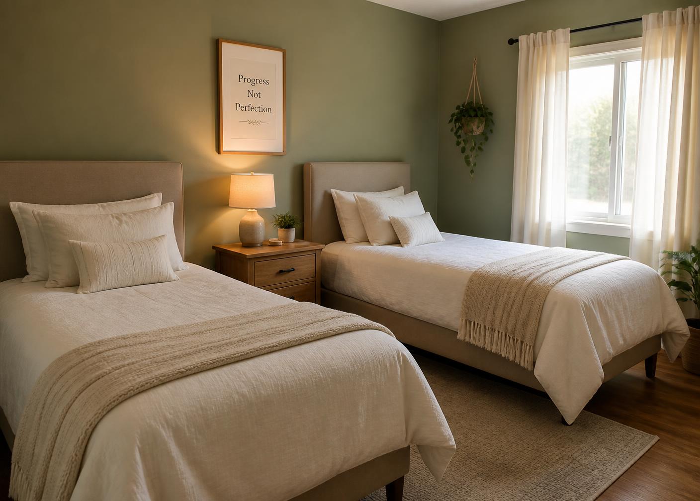 Tidy, comfortable shared bedroom in a sober living home